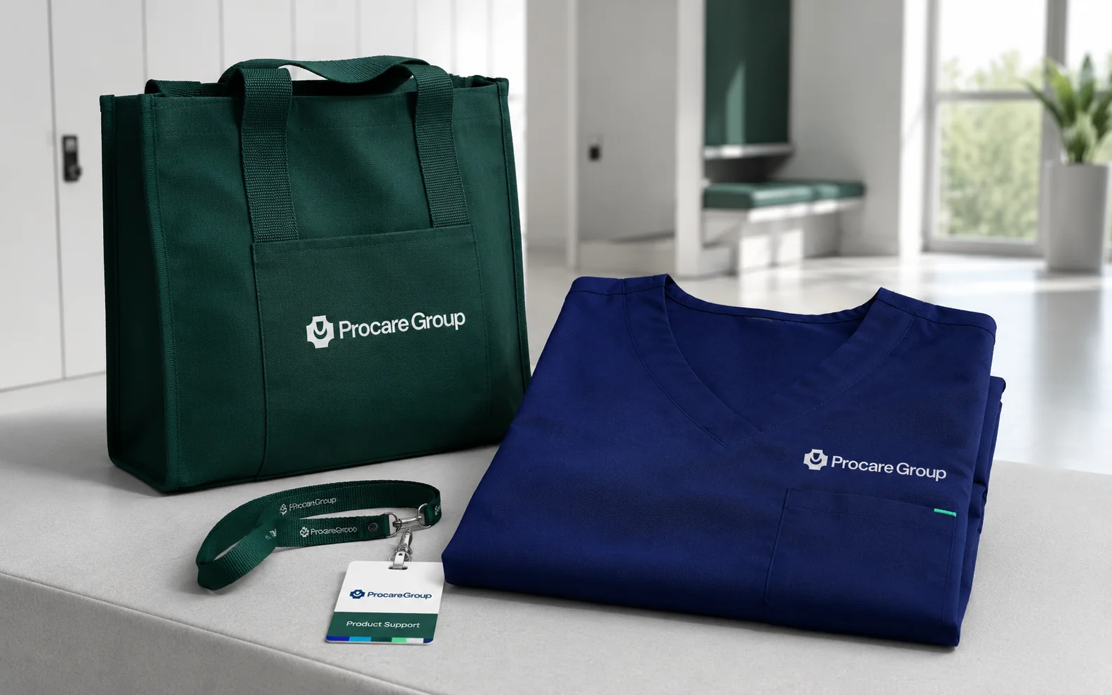 Procare Group identity across medical apparel and accessories